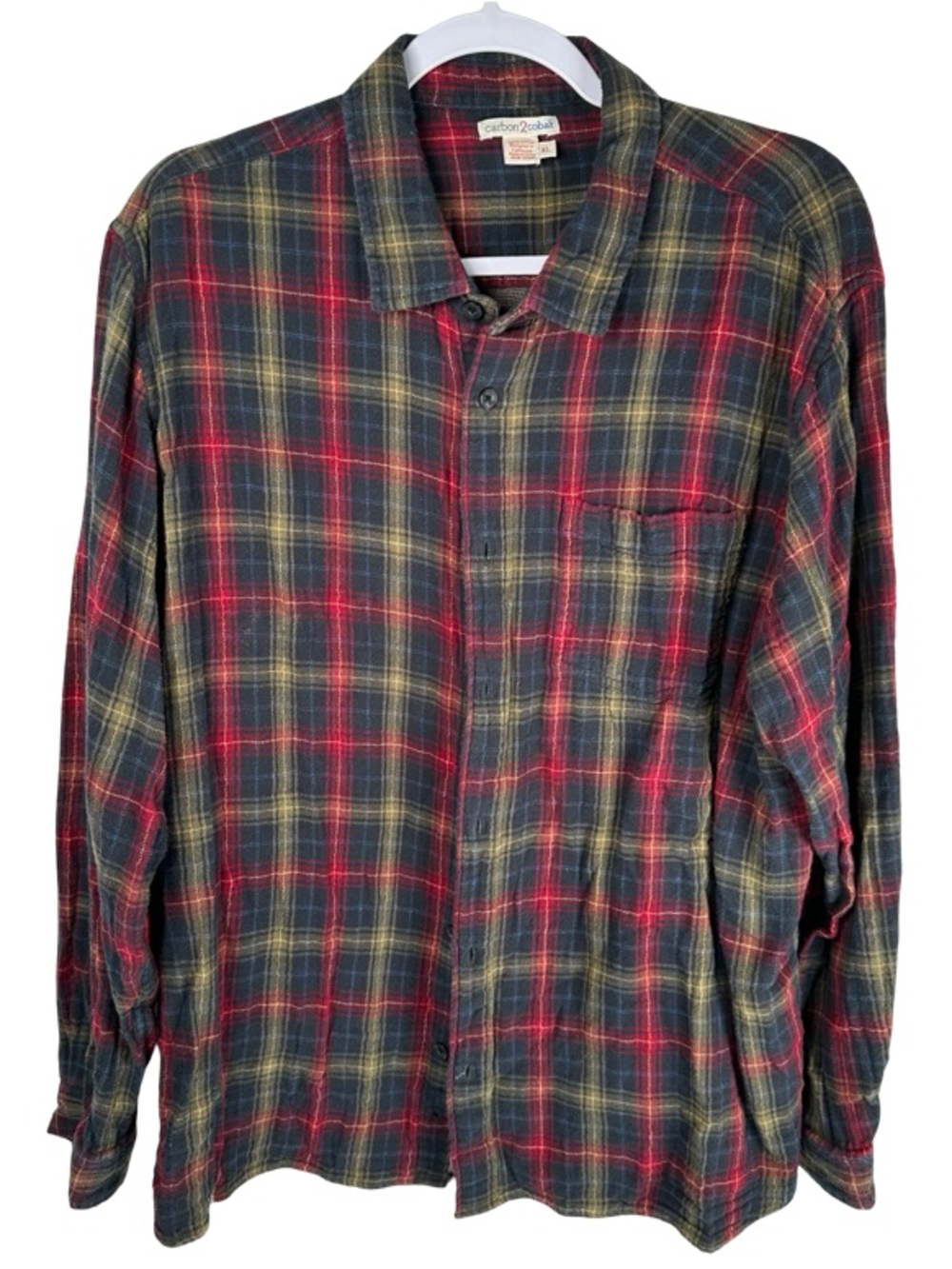 Carbon2Cobalt Upper Echelon Navy Red Plaid Flannel Cotton Button Up Shirt Men XL
